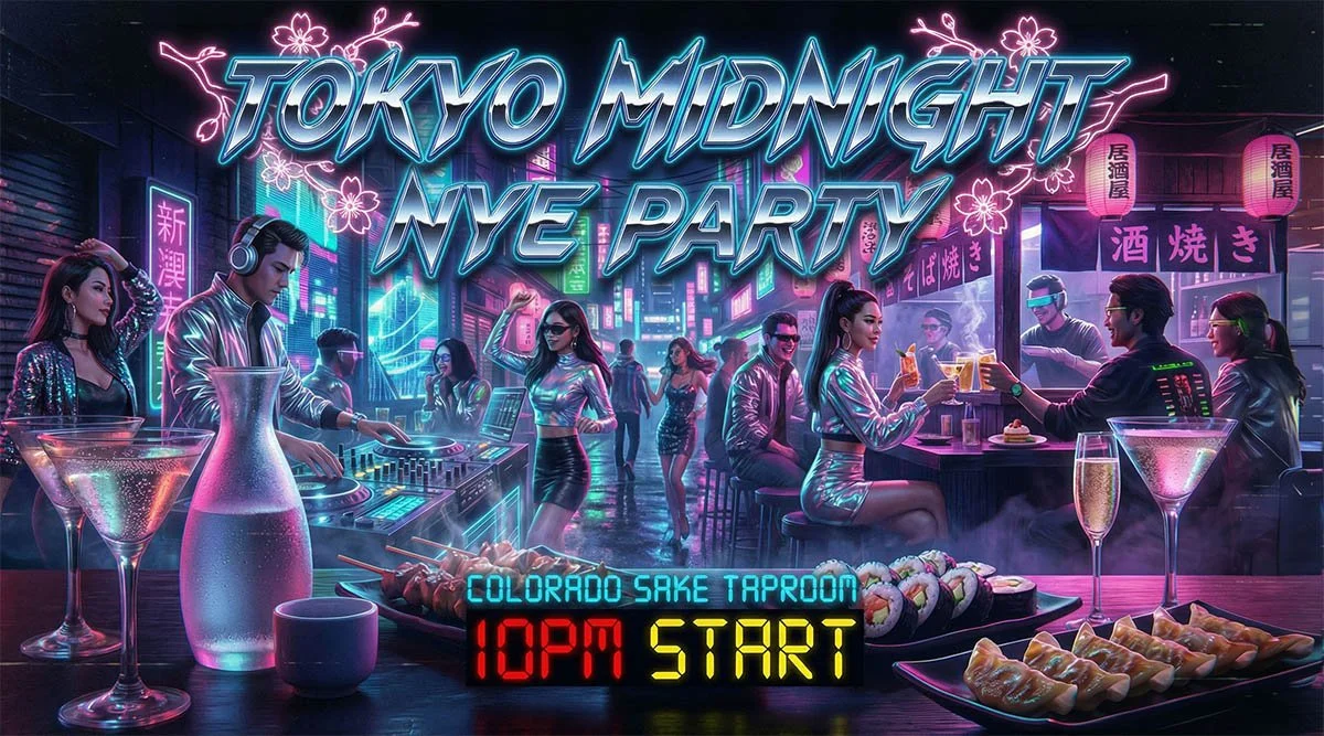 A neo-Tokyo New Years Eve party. Men and women in futuristic clothing eat and drink at a neon lit Izakaya bar in a futuristic tokyo alley. THe words say "Tokyo Midnight NYE Party" "Colorado sake taproom 10pm start"