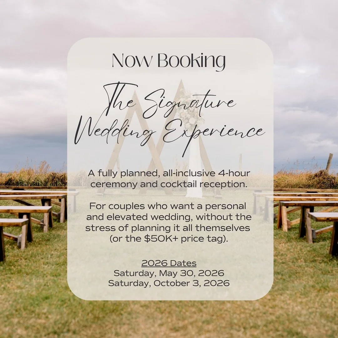 Now Booking: The Signature Wedding Experience 2026

A fully planned, all-inclusive 4-hour ceremony and cocktail-style reception for 50&ndash;70 guests. You&rsquo;ll share a trusted team of expert wedding professionals but your celebration will be pri