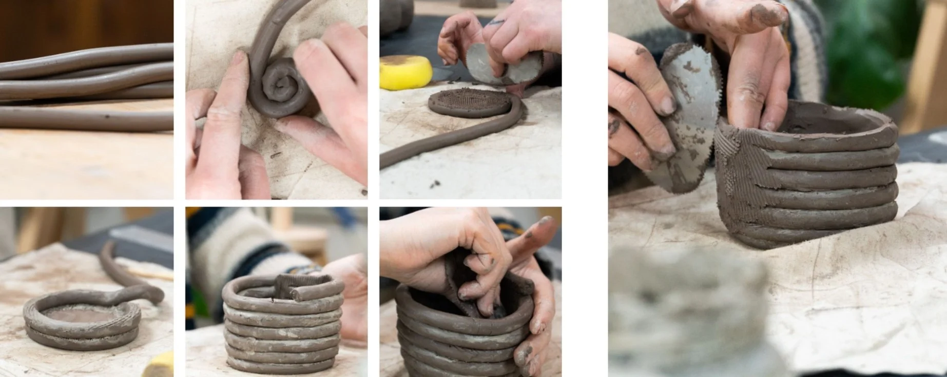 Sequence of photos showing a person crafting a coiled clay cup in a pottery workshop, including rolling clay, spiral shaping, smoothing, stacking coils, and finishing the piece.