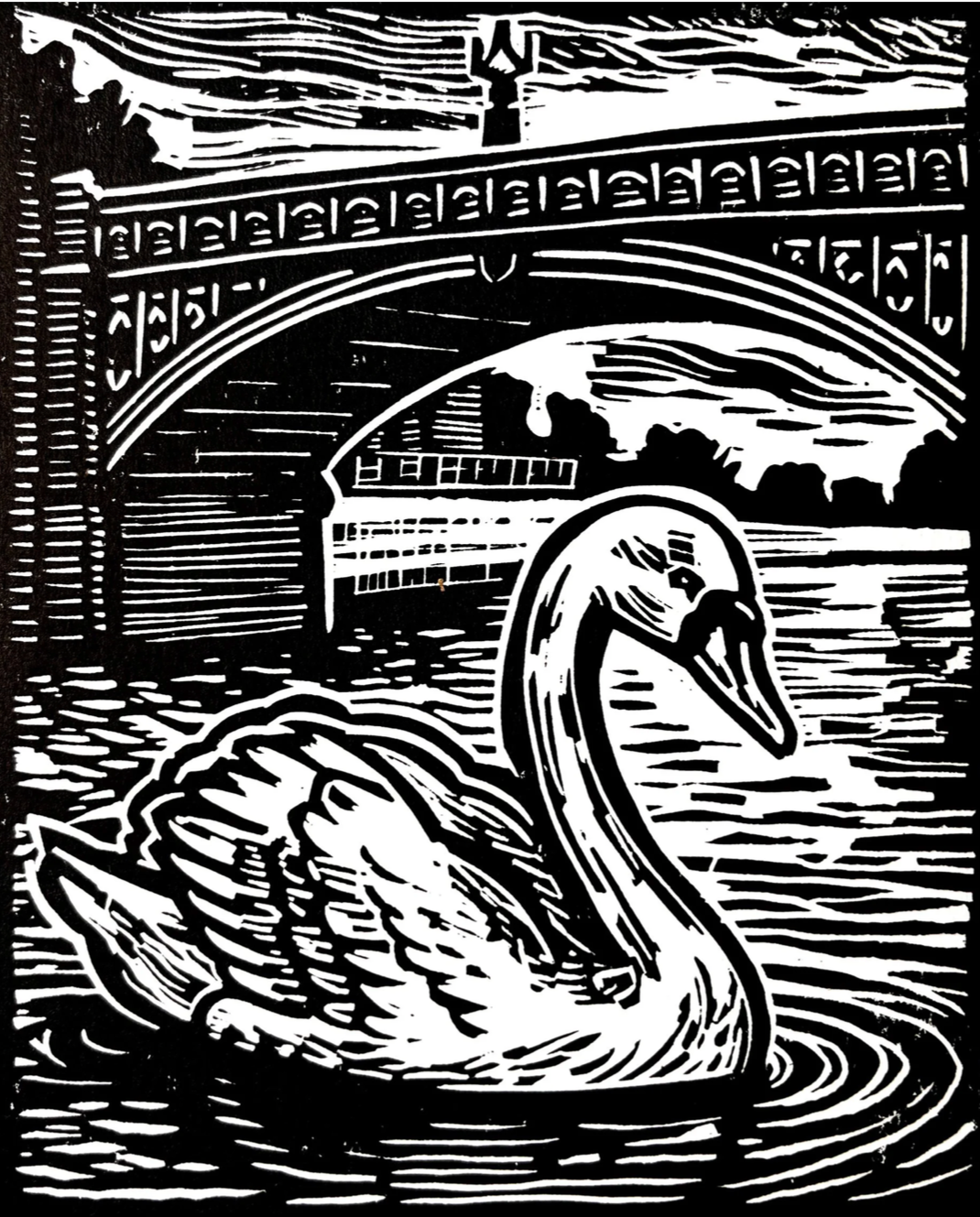 Black and white illustration of a swan swimming beneath a bridge over a river, with clouds and sky in the background.