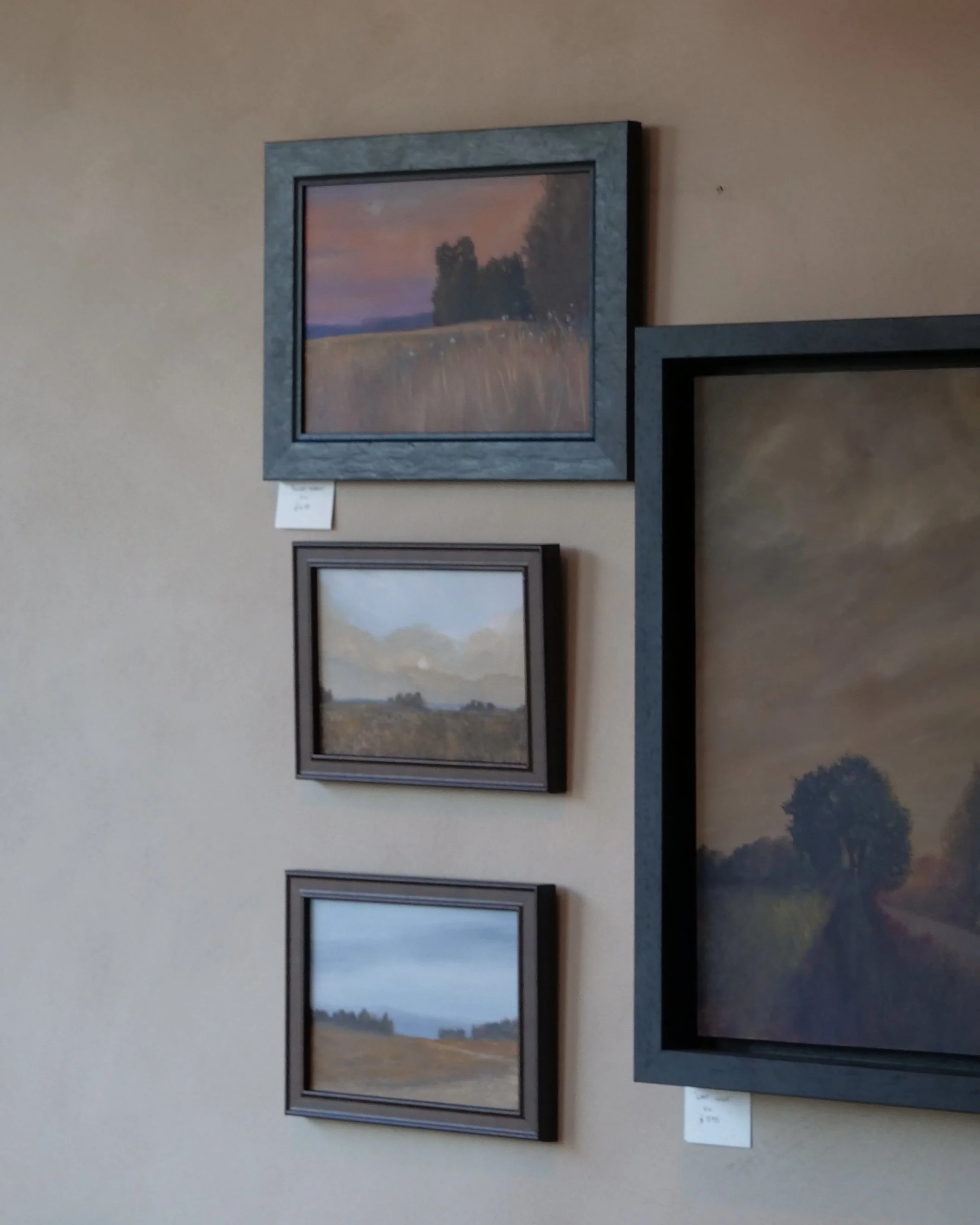 Three landscape paintings framed and hung on a wall, depicting fields, skies, and trees.