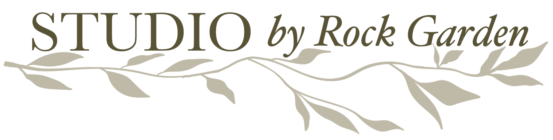 Logo with text 'STUDIO by Rock Garden' and a decorative branch with leaves.