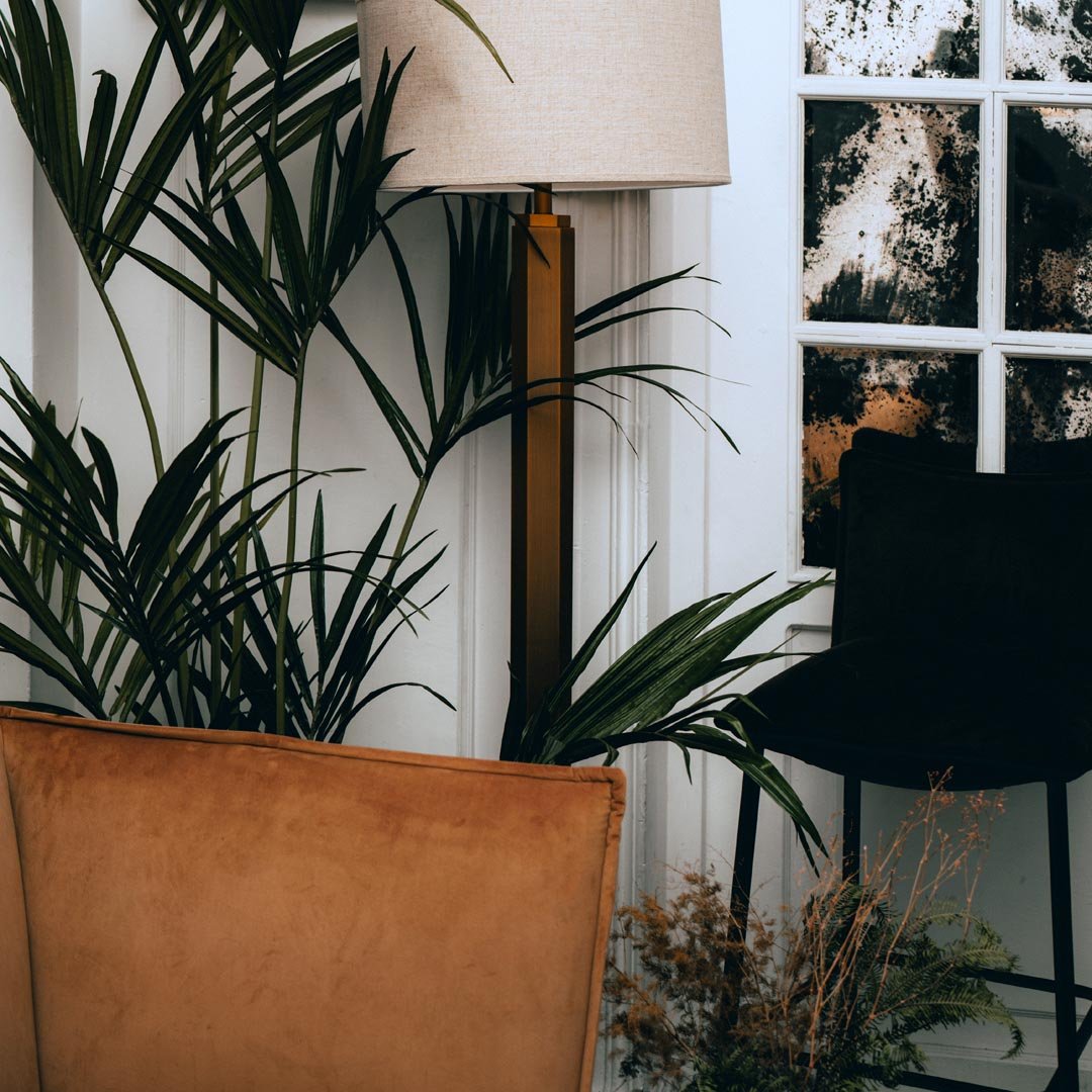 Interior scene with a tall beige floor lamp, a large green plant with long leaves, an orange armchair, a black chair, and a window with a view of dark trees outside.