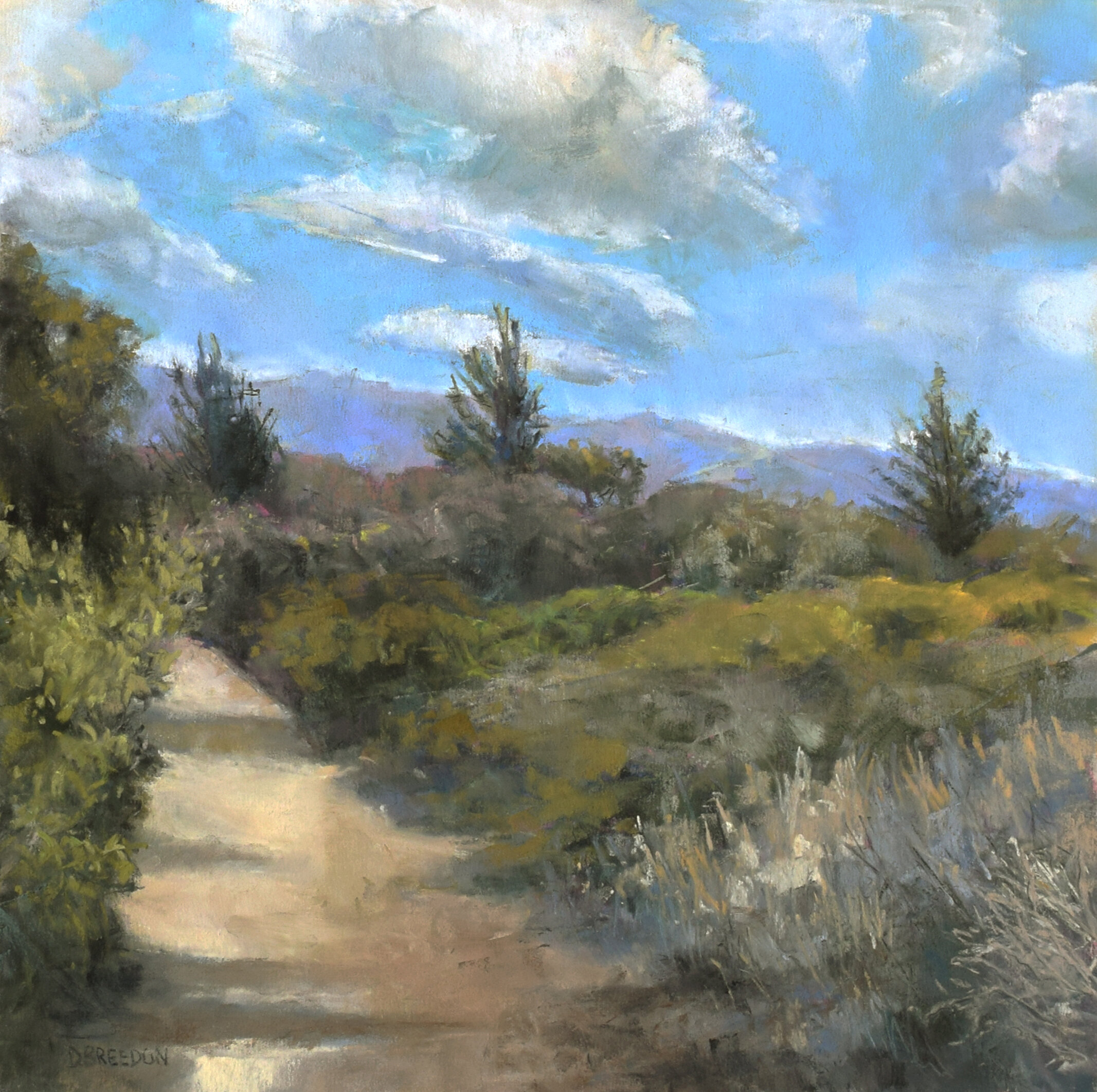 Deborah Breedon, "After the Storm, La Purisima Mission Trail from Rucker Road," Pastel on sanded paper