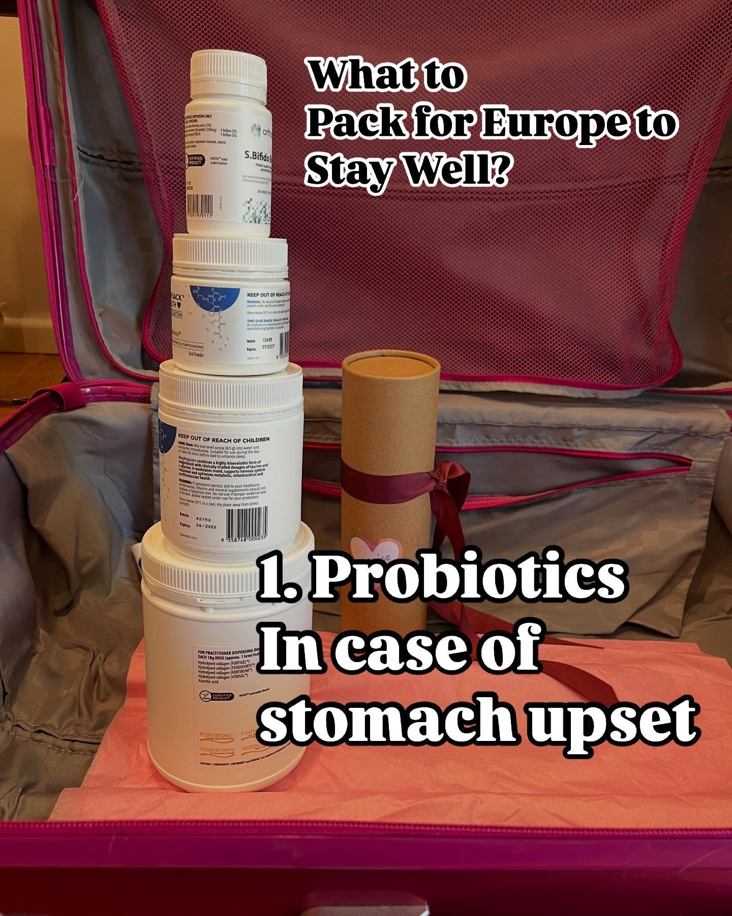 Need support while you travel? I have a list of suggestions to help you stay at your peak when you're heading overseas. Number 1 is probiotics in case you get an upset tummy. Not so likely in Europe but I always travel with a stack of supports as you