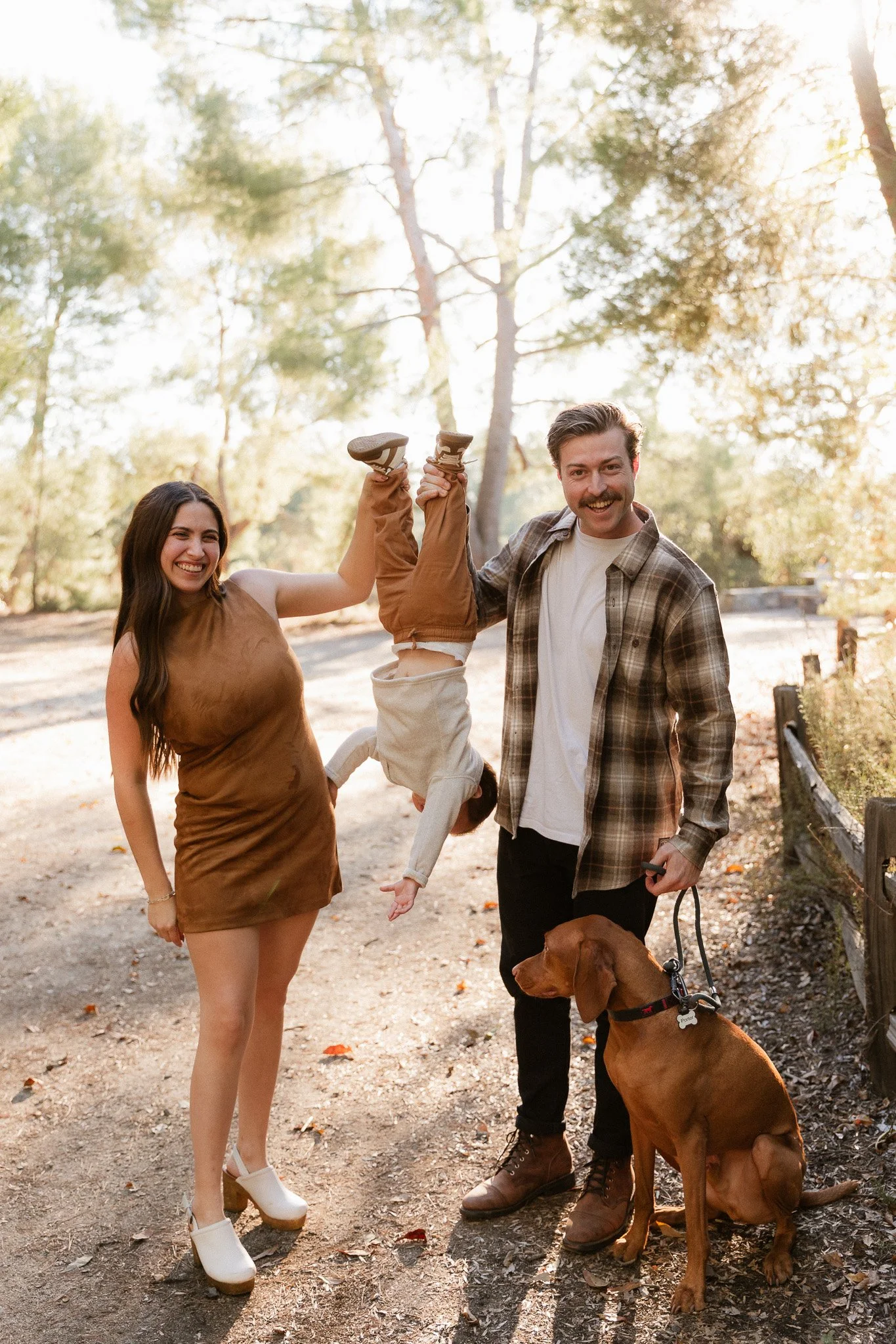 Family photoshoot with a toddler at a wooded Orange County park trail. Mom and dad hold their son upside down by his ankles while their Vizsla sits patiently beside them.