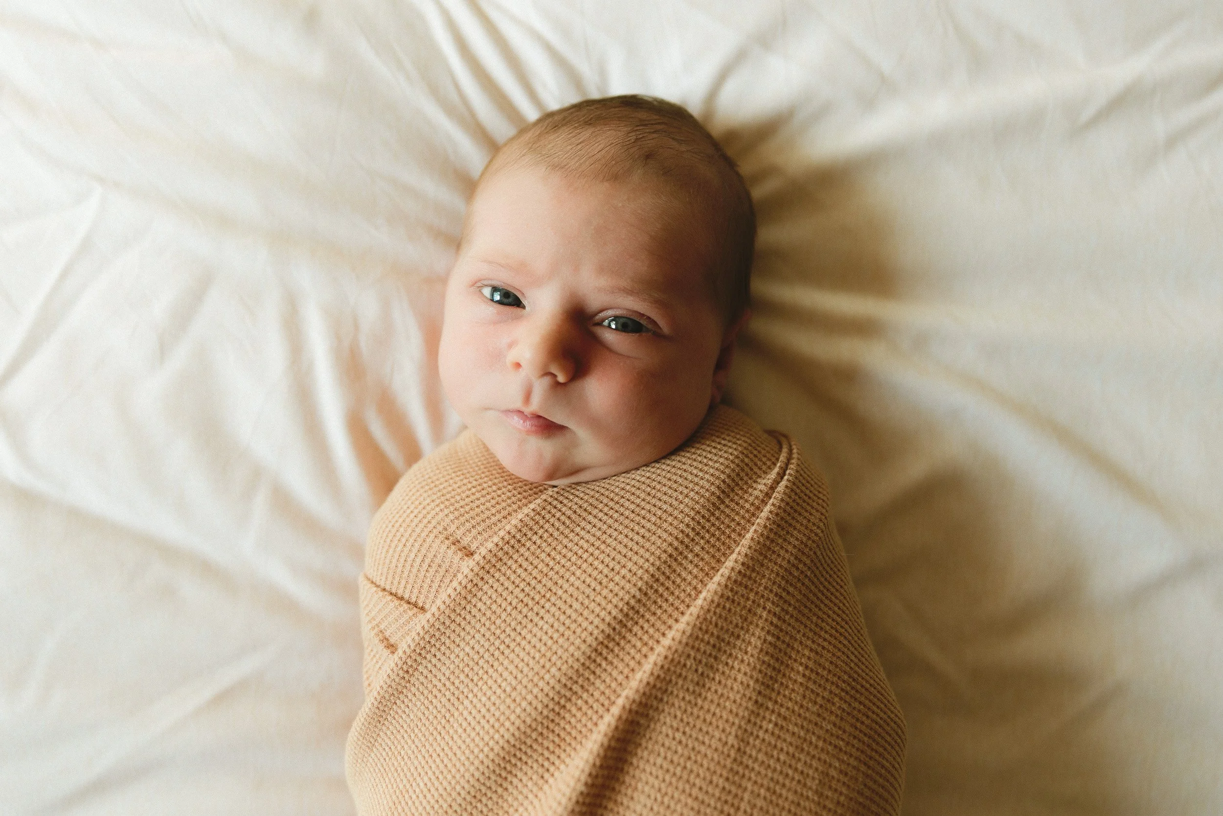 Newborn baby with eyes open wrapped in a tan swaddle lying on a white blanket during a newborn photo session