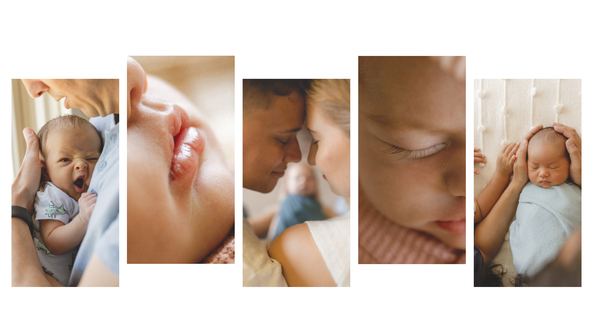 Newborn detail collage from an in-home session, including close-ups of baby lips and eyelashes, parents connecting, and a sibling cuddling baby, Orange County newborn photographer.