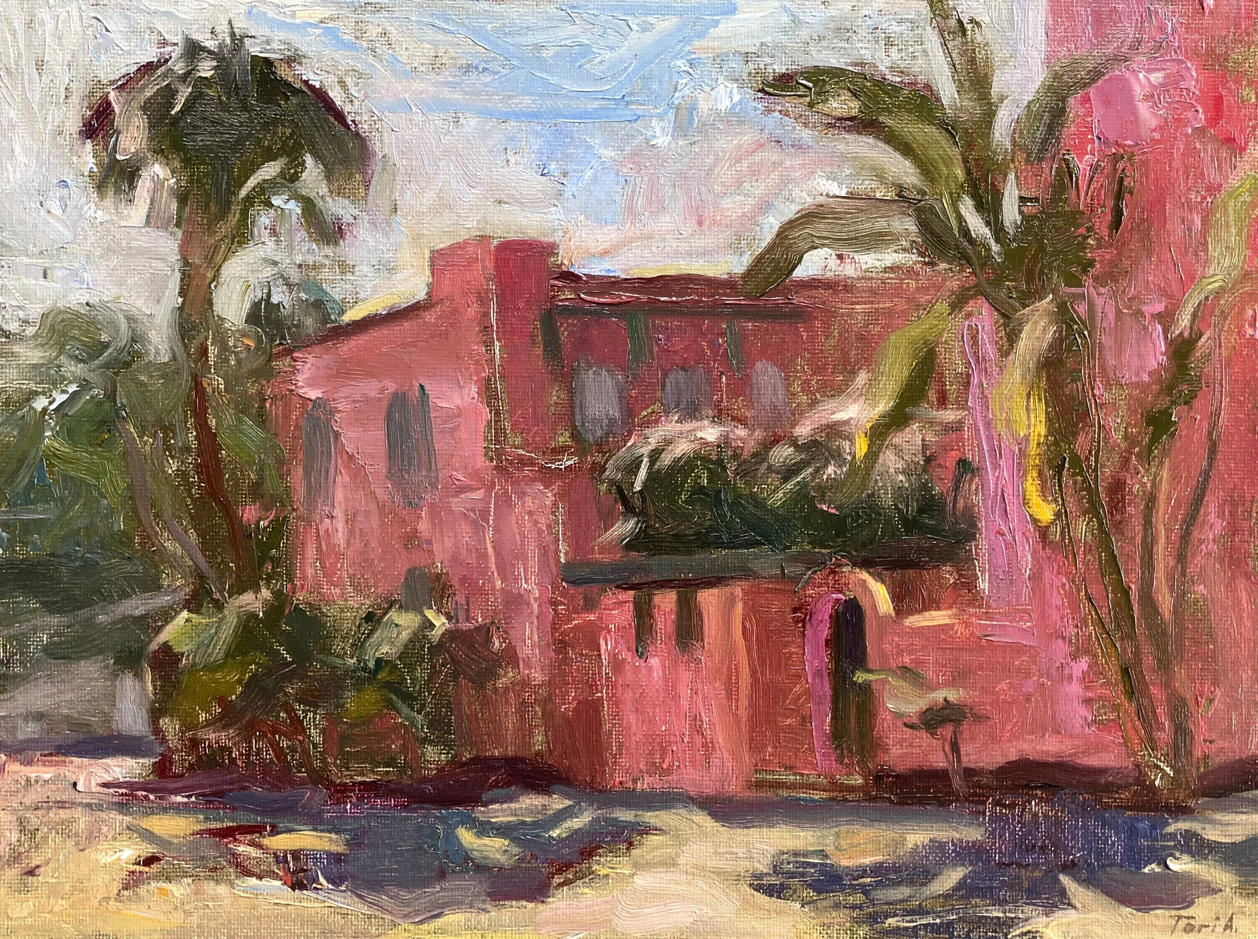 Pink Apartments, oil on canvas board, 9x12 in, $300