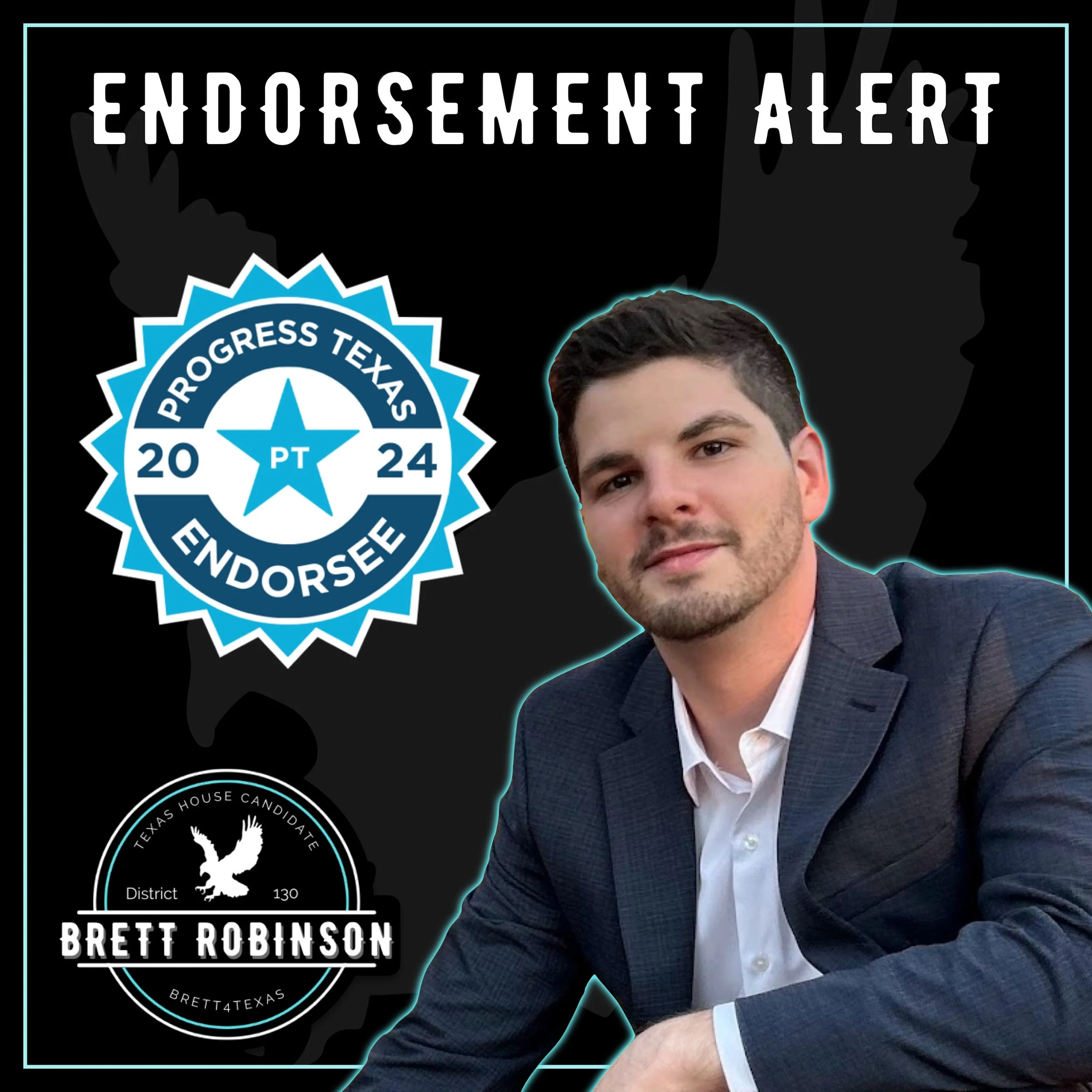 Progress Texas endorsement graphic verifying Brett Robinson's endorsement by Progress Texas