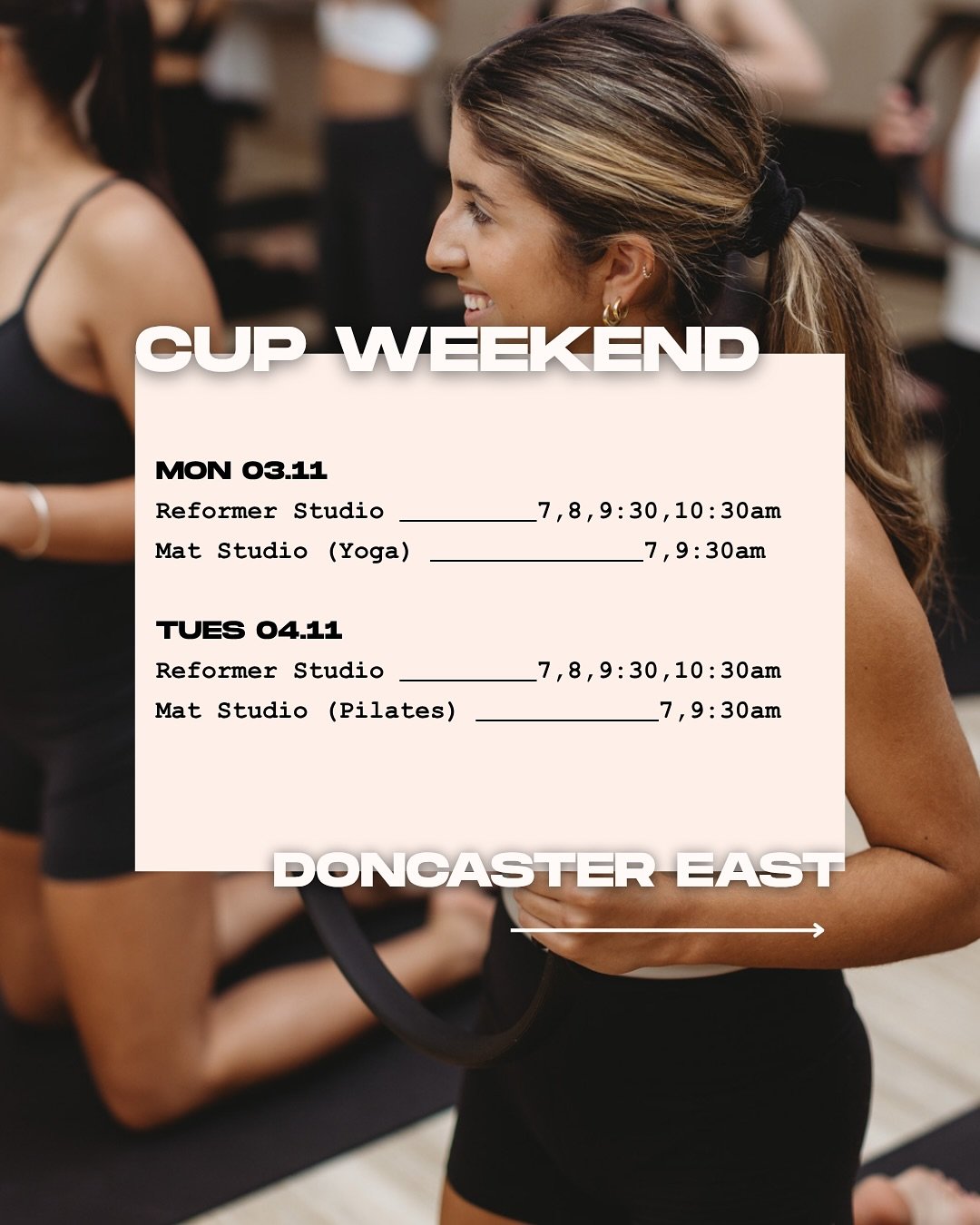 Cup Weekend // Public Holiday Class times 

Please see our updated class times across both studios this coming long weekend. 🐎

//
//
//

#pilates #yoga #reformerpilatesstudio #hotyoga #matpilates #doncastereast #surreyhills #pilatesmelbourne