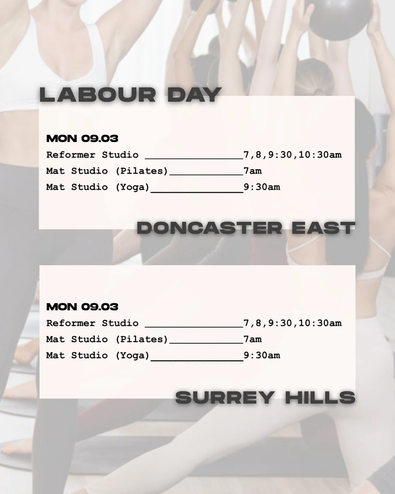 ☀️LABOUR DAY LONG WEEKEND SCHEDULE☀️
/
The long weekend is nearly here.. no matter what you&rsquo;re doing, we&rsquo;ll be around both studios this weekend.
/
We will be working with a reduced schedule on Monday, March 9th, meaning class waitlists wi