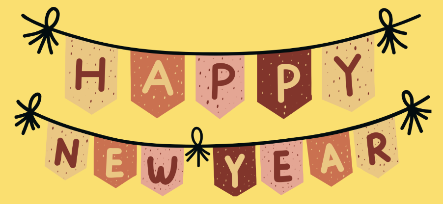 Colorful holiday banner with the words 'Happy New Year' on a yellow background.