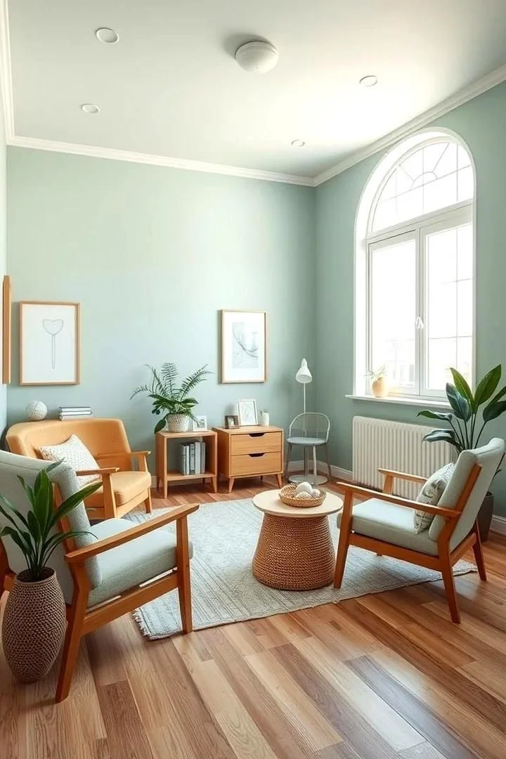 A cozy living room with light green walls, large arched window, and wooden flooring. There are four mid-century modern chairs and a small round woven coffee table in the center. Decor includes framed artwork, large plants, and a small wooden side table.