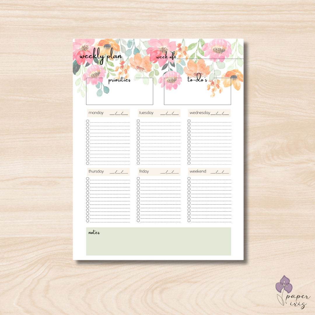 Wooden desk with a daily planner featuring floral designs, a latte with latte art, a pen, an open spiral notebook, a laptop, and a potted plant.