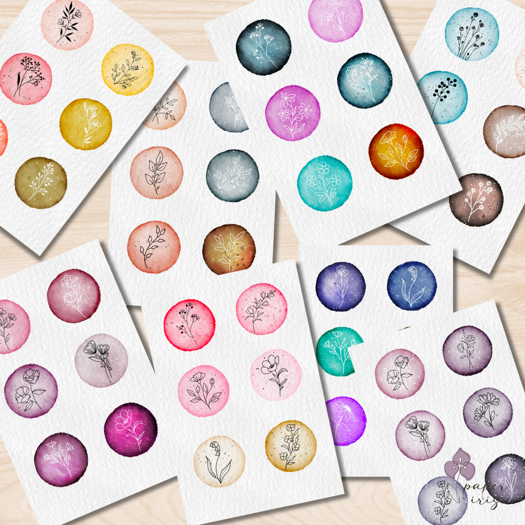 Colorful circular and square stickers with floral illustrations on a wooden surface.