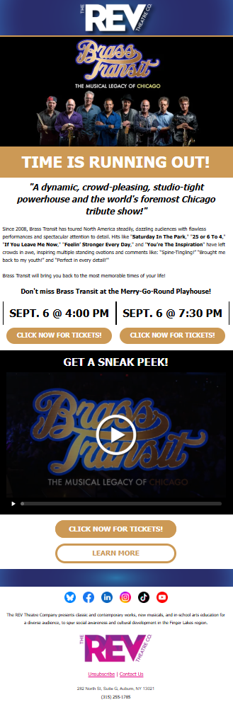 Presenting Show: Brass Transit "Time is Running Out" Email