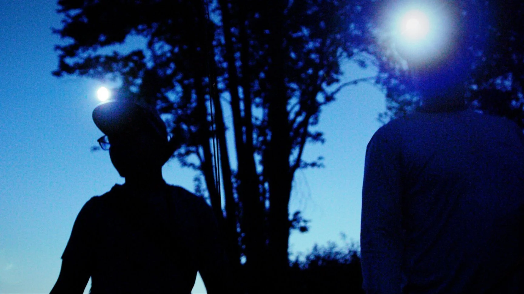 Silhouettes of two people outdoors at night, one wearing a cap and glasses, with a large tree in the background and bright moon or light source in the sky.