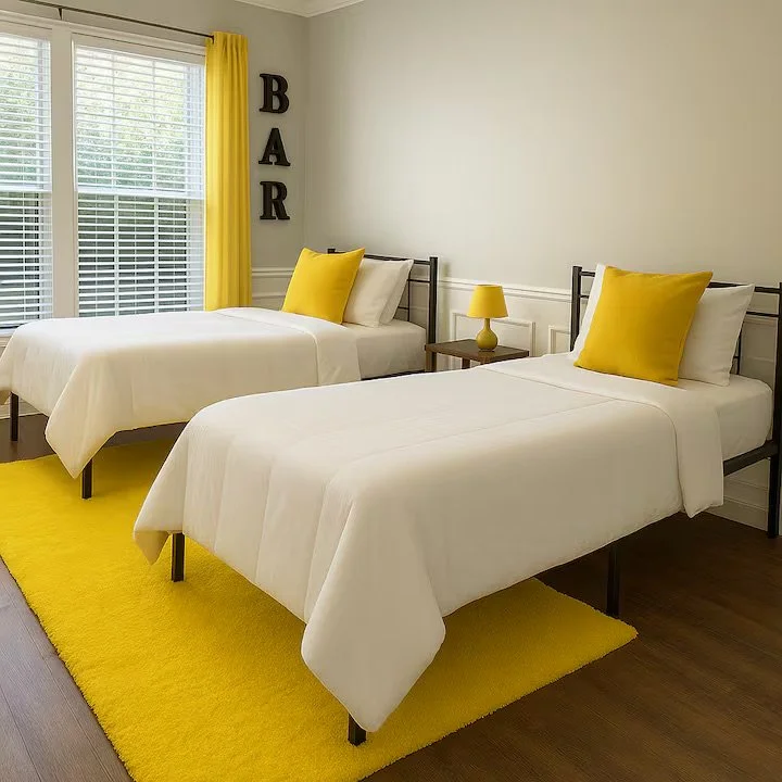 Welcome to the Yellow room! Yellow symbolizes optimism, energy, joy, happiness & friendship. Revel in the versatility & comfort of this interconnected haven, where the seven-foot partition seamlessly bridges dining & slumber, with privacy.