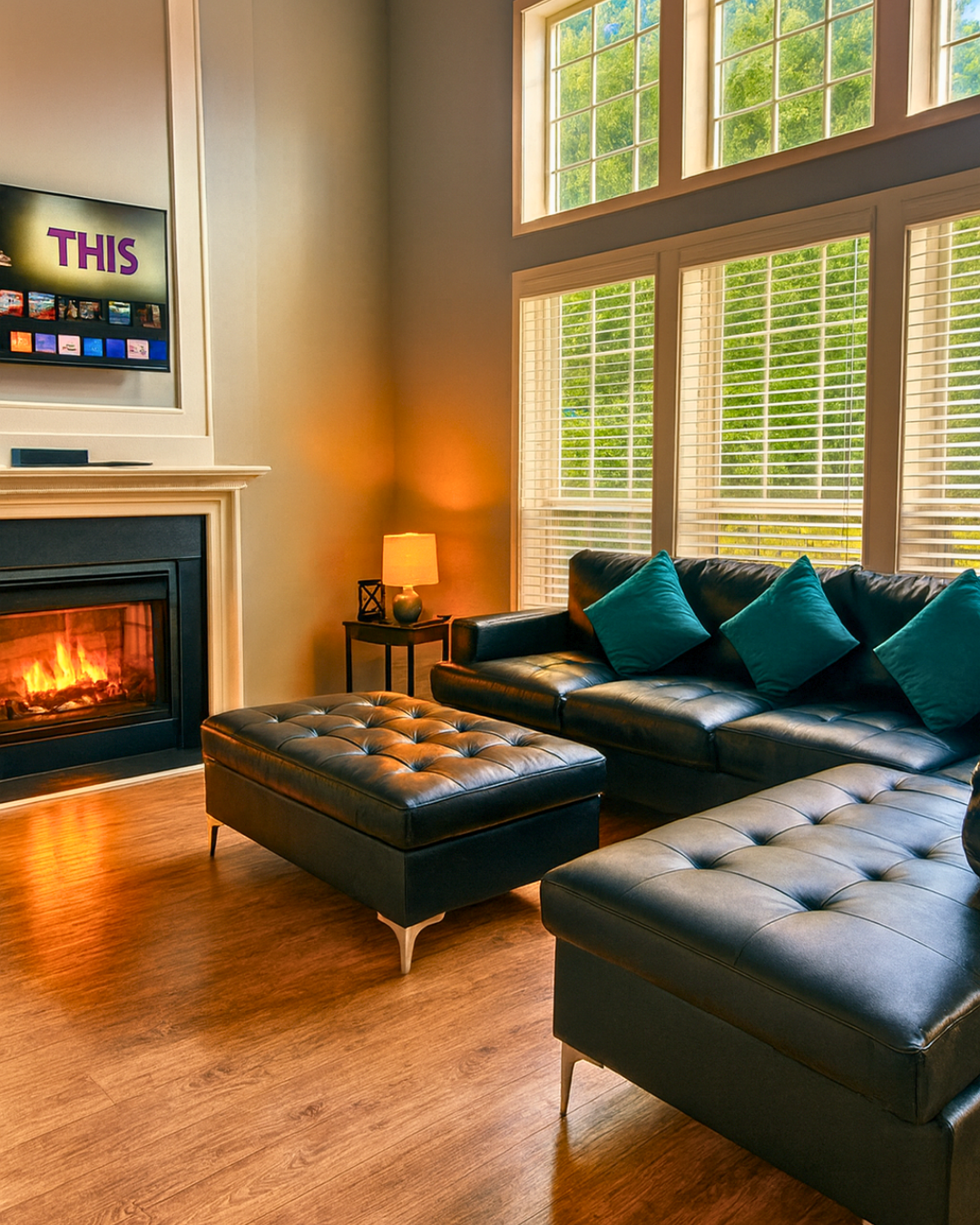 Living room with three black sofas, blue pillows, a blue rug, large windows, and an open kitchen in the background.