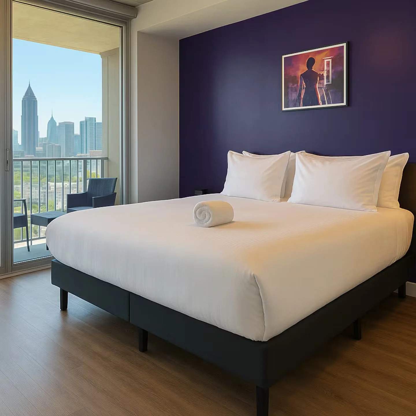 Modern hotel room with a large white bed, rolled towel on top, and a purple accent wall with framed artwork. Balcony with city view of tall buildings visible through glass sliding doors.