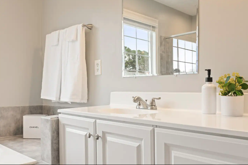 Bathroom vanity with a white cabinet, a silver faucet, a soap dispenser, a potted plant, and a large mirror. A window shows trees outside, and a towel hangs on a wall hook.