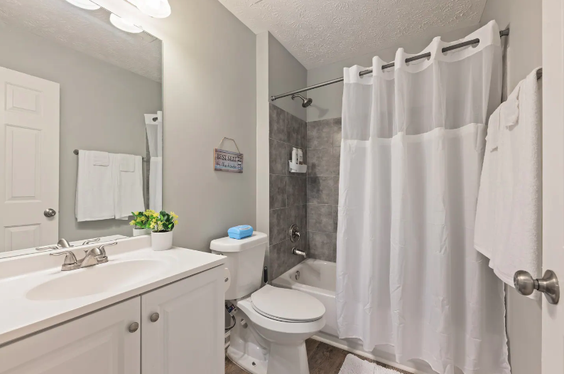 Bathroom with white vanity, mirror, towel rack, potted plant, toilet with a blue item on top, and a bathtub with a shower curtain, gray tiled wall, and white towels.