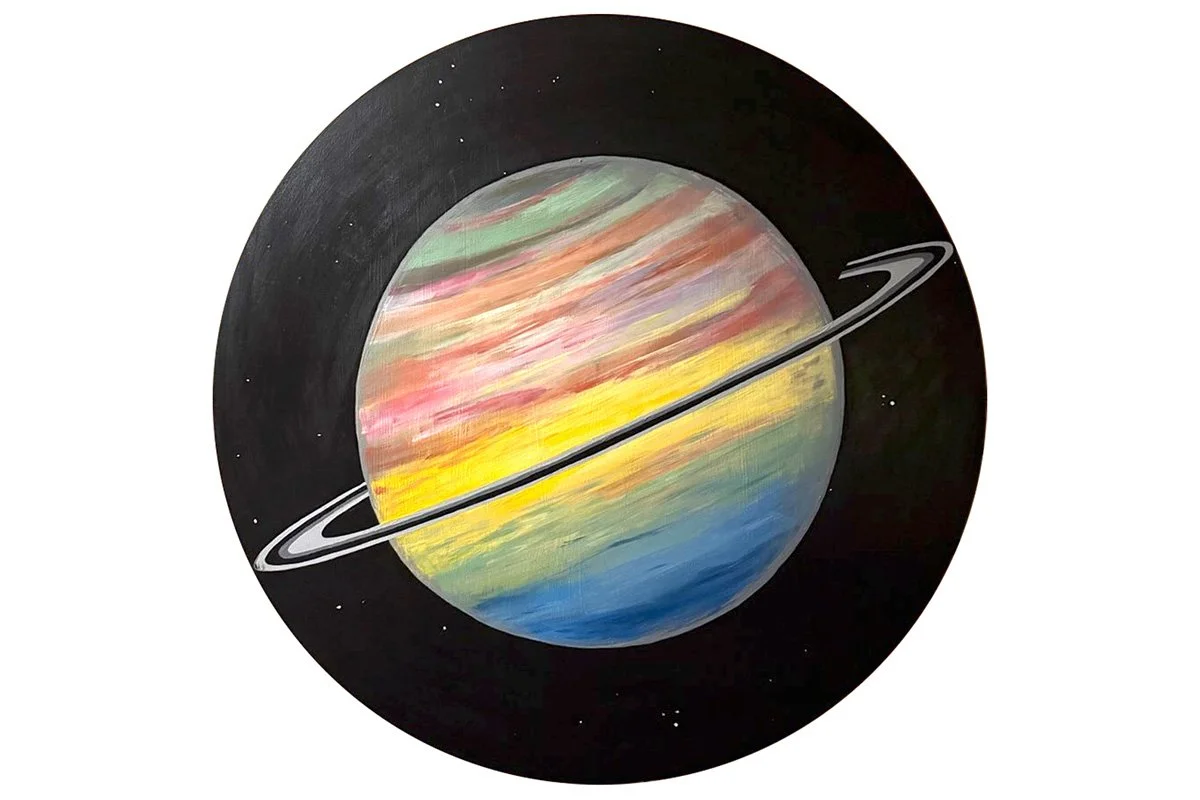  Saturn 
 
Acrylic on wood palette 30" dia 
 
Sold as part of a set "The Solar System"
