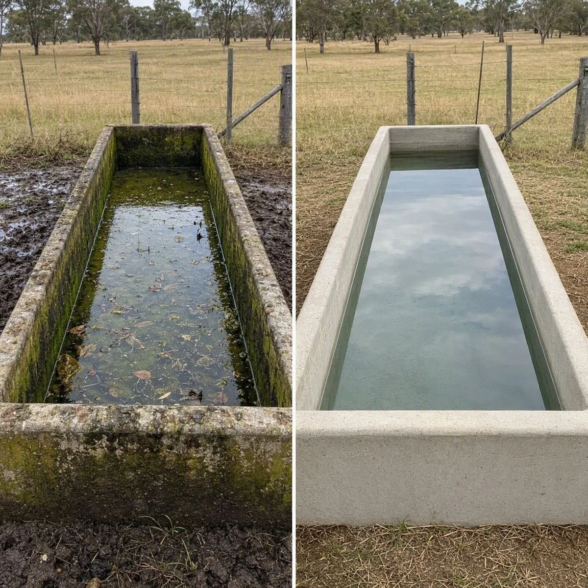 A stock trough before and after cleaning — algae and silt on the left, clean concrete and clear water on the right