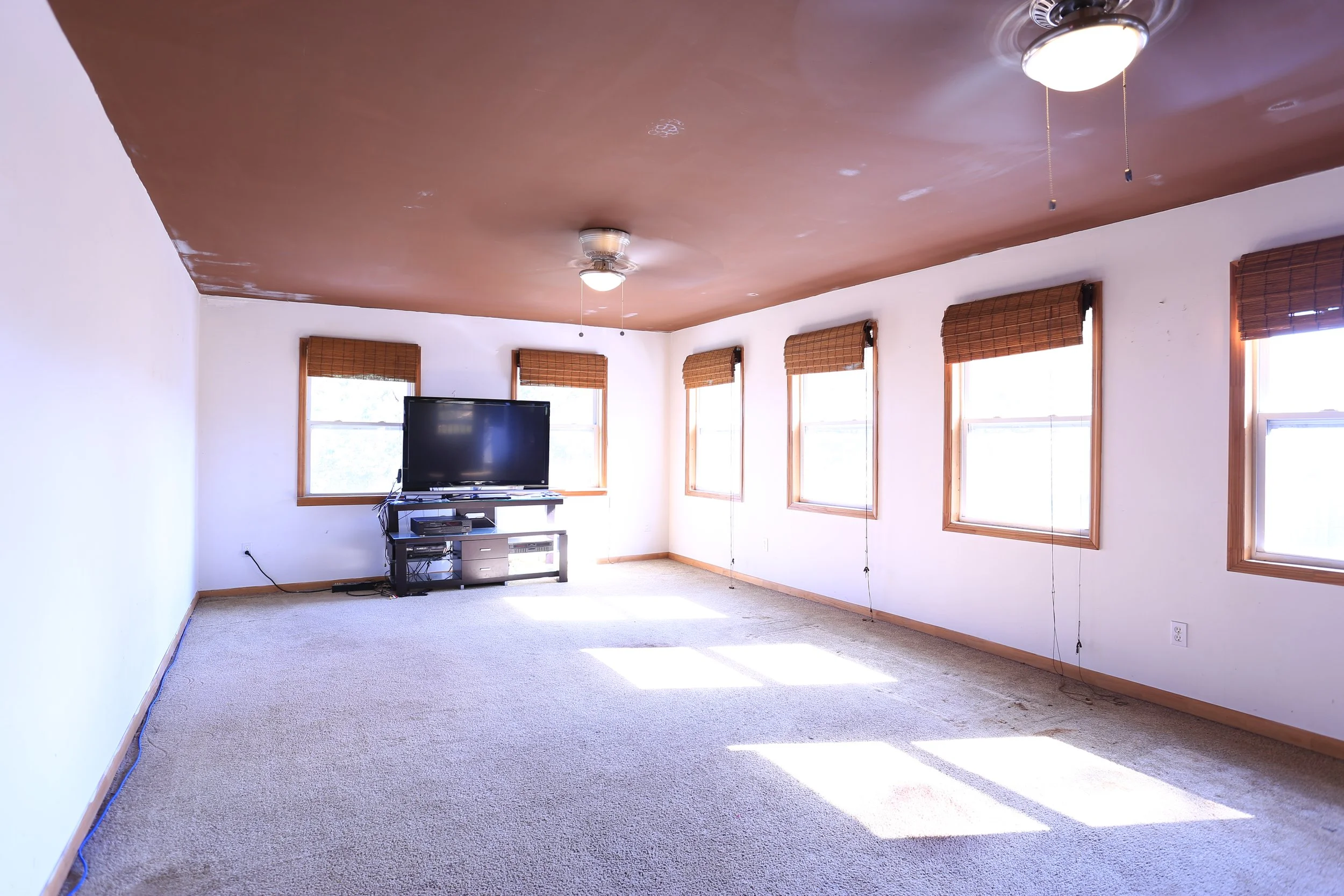 Empty living room with five windows with brown blinds, a TV on a stand, and ceiling fans, with light coming in through the windows.