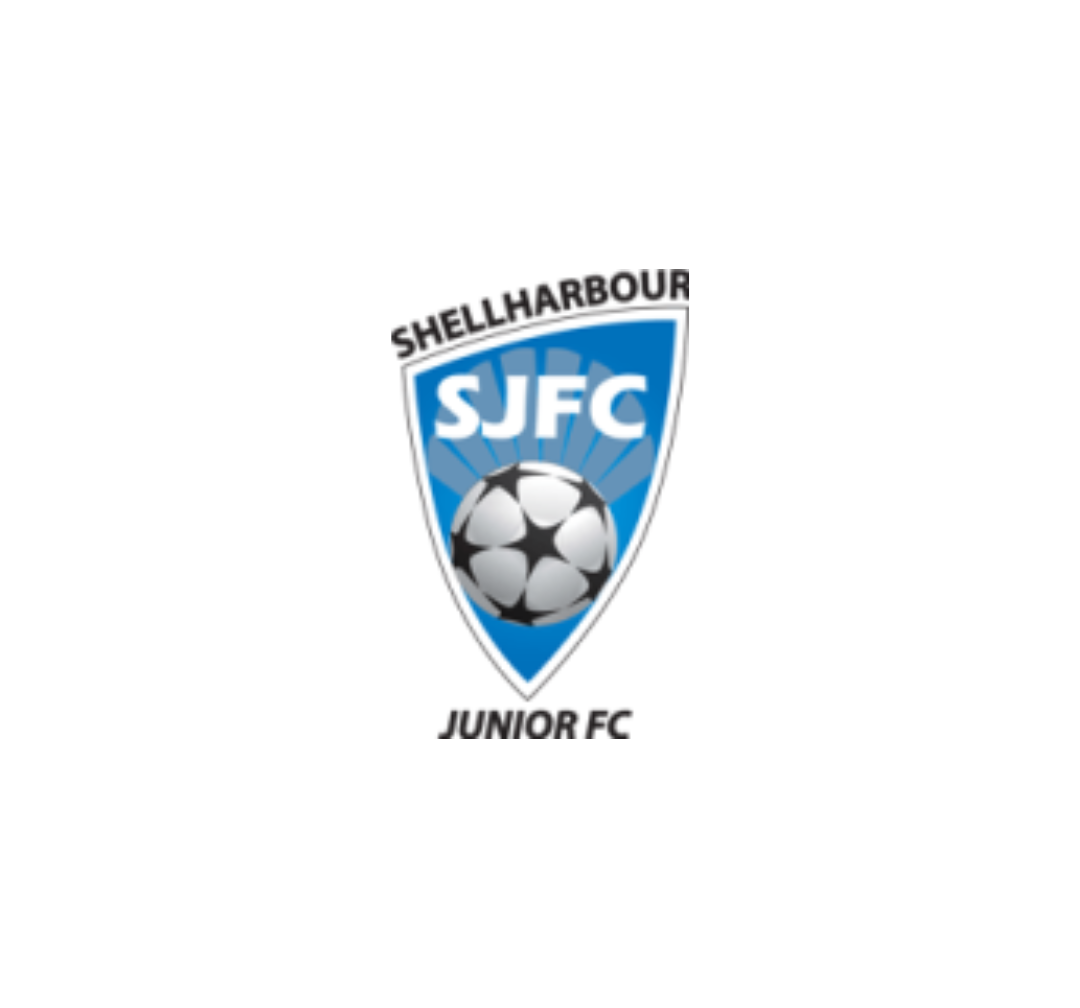 Shellharbour Junior FC logo featuring a soccer ball on a blue shield with text 'SJFC'."