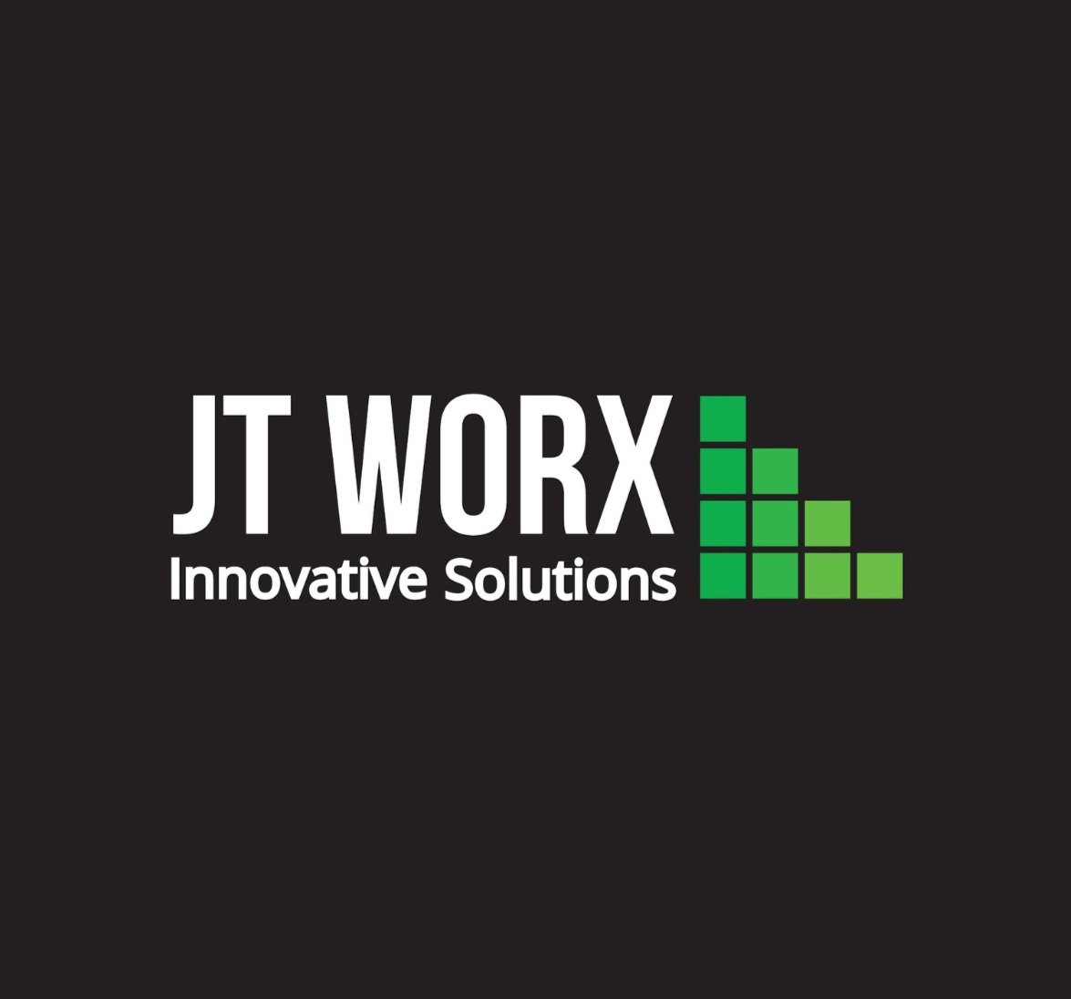JT WORX logo with "Innovative Solutions" tagline and green square grid graphic on black background.