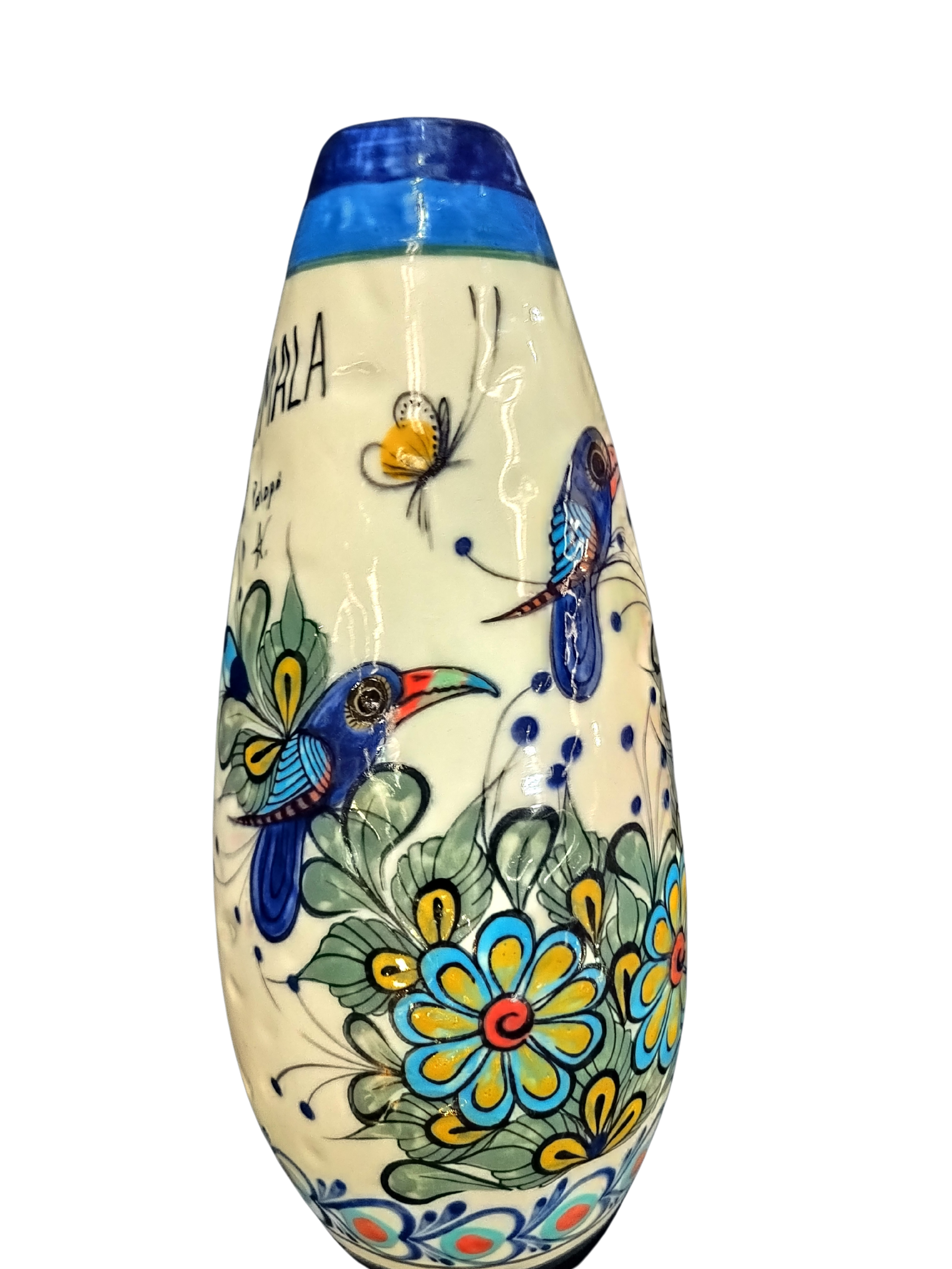 Ceramic vase from Guatemala with toucans and hummingbirds handpainted all around