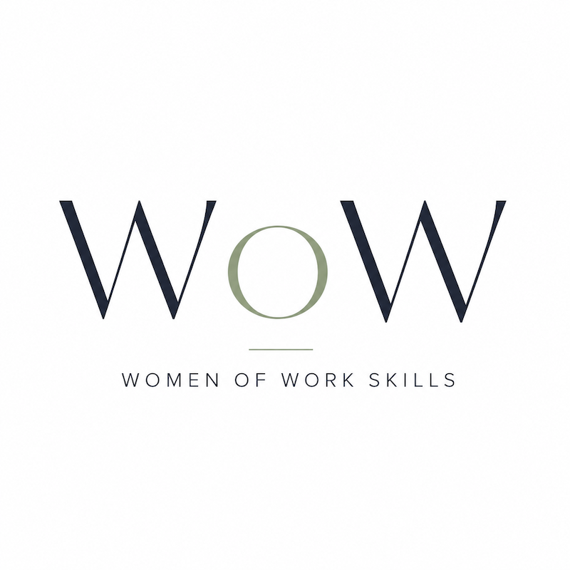 Logo for Women of Work Skills (WOW), featuring the acronym WOW with a green 'O' and the full name below.