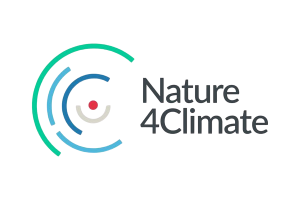 Logo for Nature 4 Climate with circular green, blue, and white lines and a red dot, accompanied by black text.
