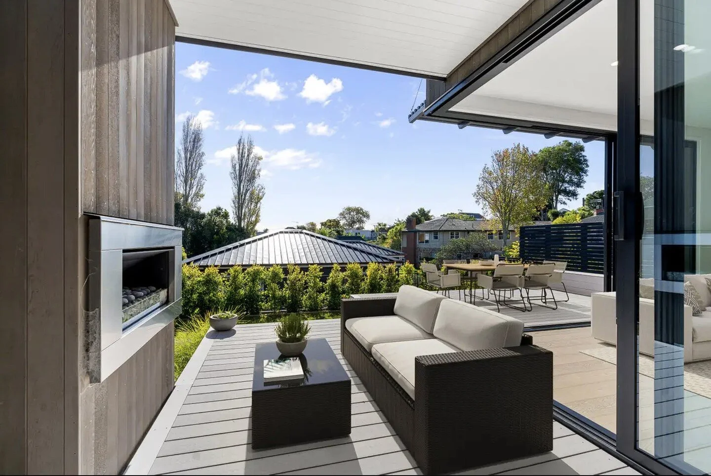Striking outdoor living space, complete with built in Fire place. installation completed alongside @pg_gas