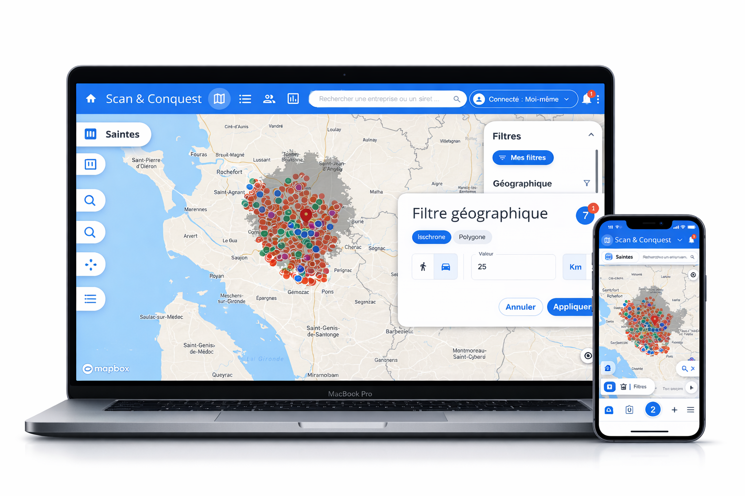 Capture d'écran d'une application de cartographie et de gestion de données sur un ordinateur portable et un smartphone. La carte montre une zone urbaine avec de nombreux points colorés, et des menus de filtres sont visibles.