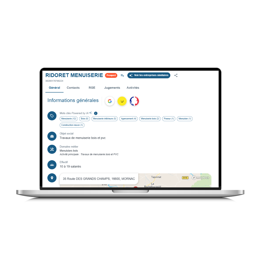 Capture d'écran d'une fiche d'entreprise nommée RIDORET MENUISERIE affichée sur un ordinateur portable, comprenant des onglets pour le général, contacts, RGE, jugements et activités, ainsi que des informations sur l'entreprise comme le domaine d'activité, la localisation à Mornac, et les effectifs.
