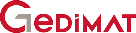 Logo de Gedimat avec le nom en rouge et gris.