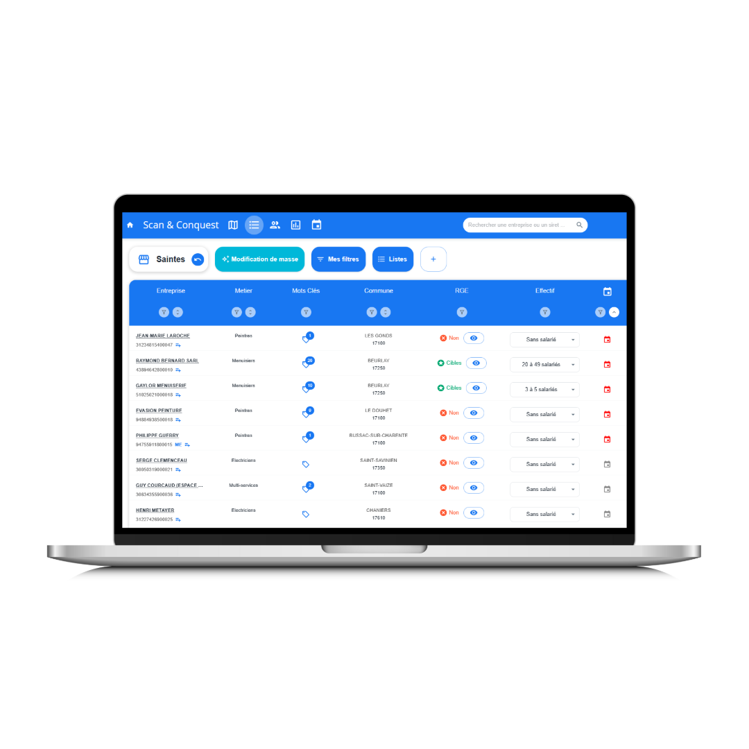 Un ordinateur portable affichant une interface de gestion de données avec un tableau listant des entreprises, des métiers, des caractères clés, des communes, des RGE, des effectifs, et des options de filtre en français.