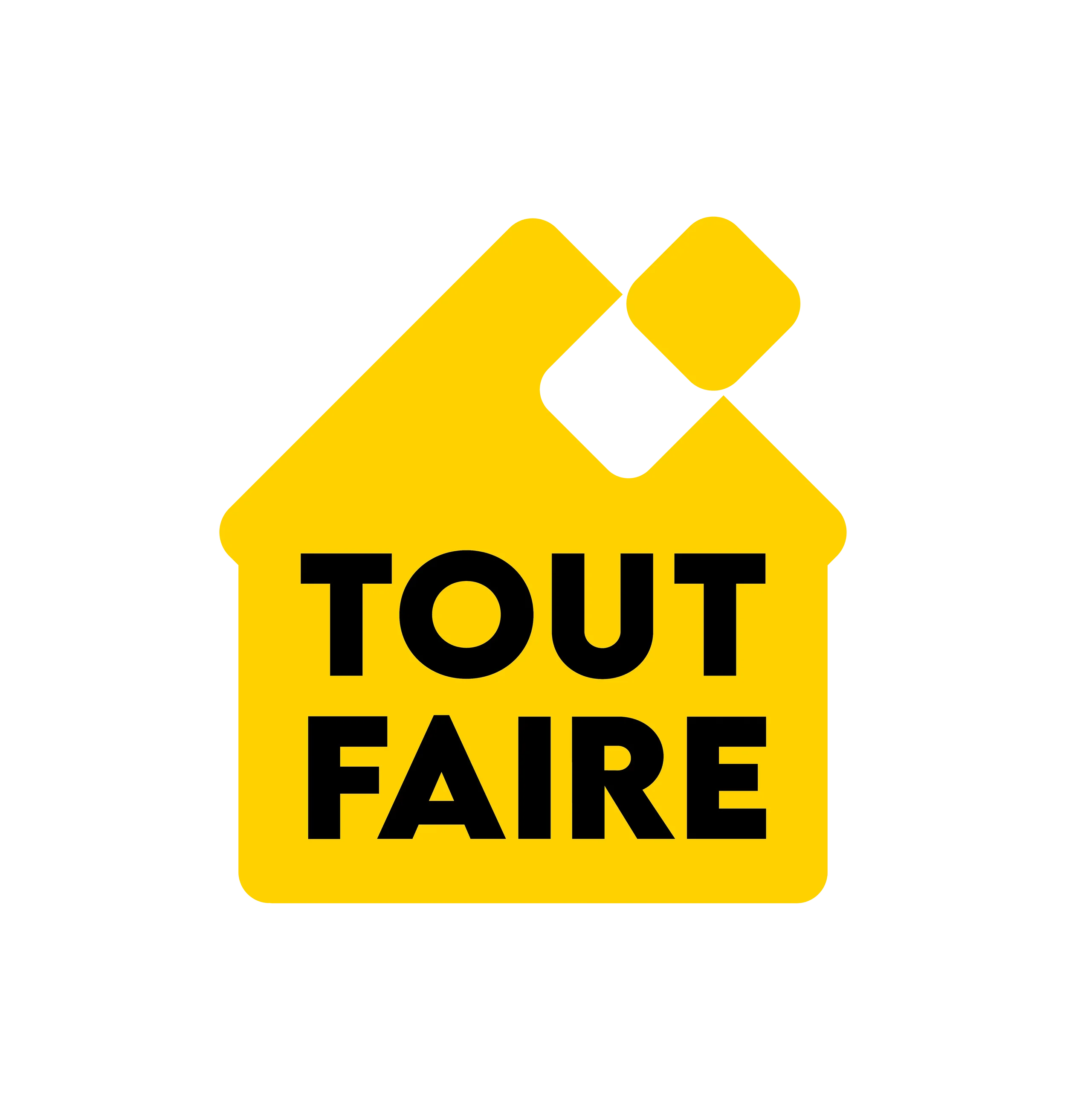 Logo jaune d'une maison avec la texte "Tout Faire" écrit en noir sur la maison.