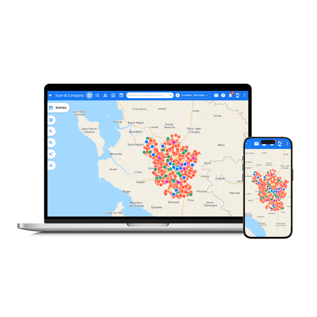 Capture d'écran d'une carte affichée sur un ordinateur portable et un téléphone, montrant des points colorés représentant des données géographiques autour de la ville de Gèmoux, en France.