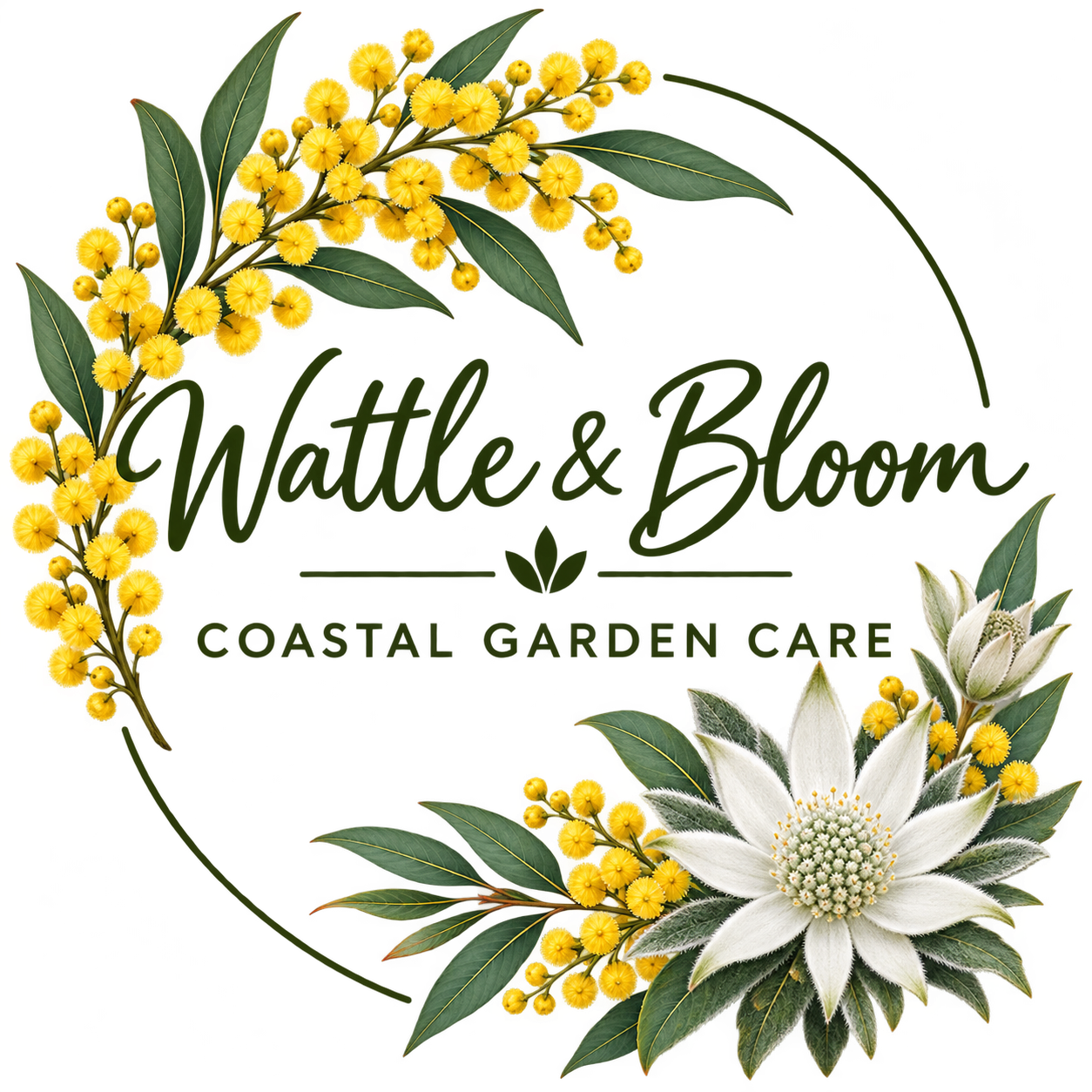 A circular floral logo with yellow and white flowers and green leaves. The text 'Wattle & Bloom' is in the center in dark green cursive font, and 'Coastal Garden Care' is below in uppercase green letters.