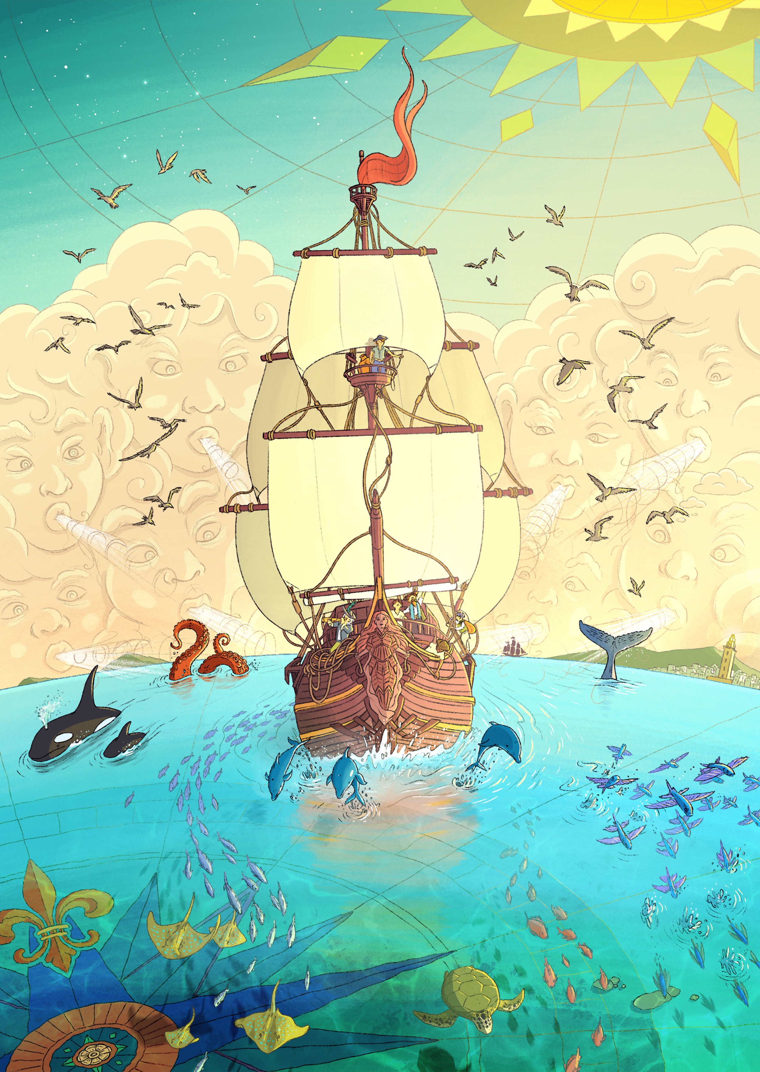 A beautiful galleon sailing through a vintage nautical map scene