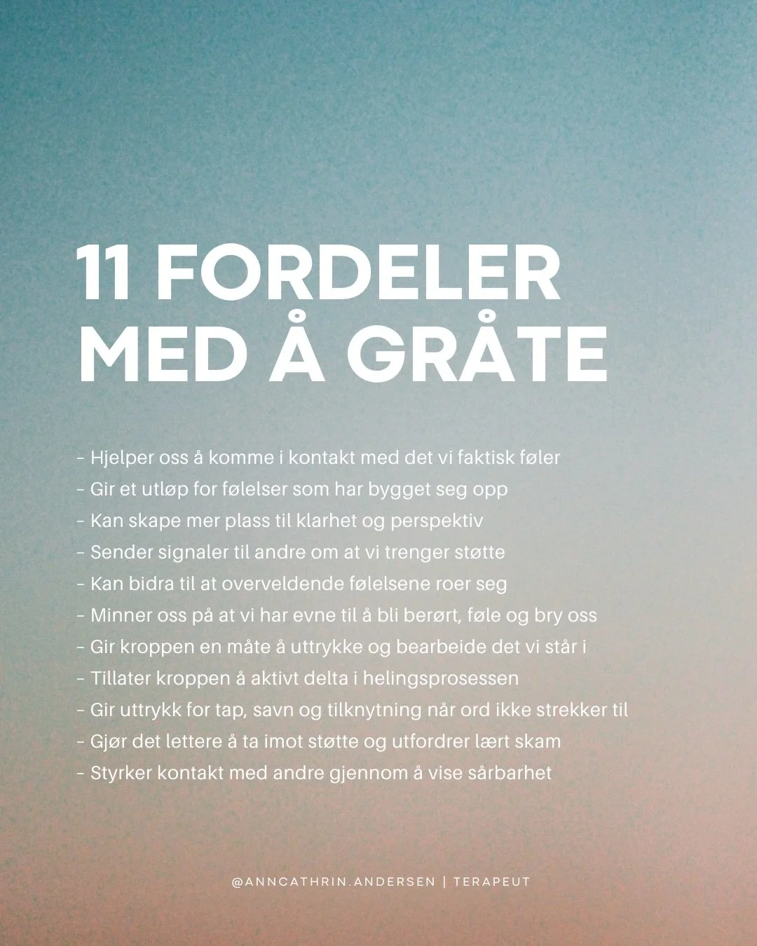Jeg sitter med mennesker som gr&aring;ter nesten hver dag.

Og jeg tenker ofte p&aring; hvor mye vi har l&aelig;rt oss &aring; holde t&aring;rene tilbake. Svelge dem. Unnskylde dem. Si &laquo;beklager&raquo; idet de kommer.

Men gr&aring;t er en helt