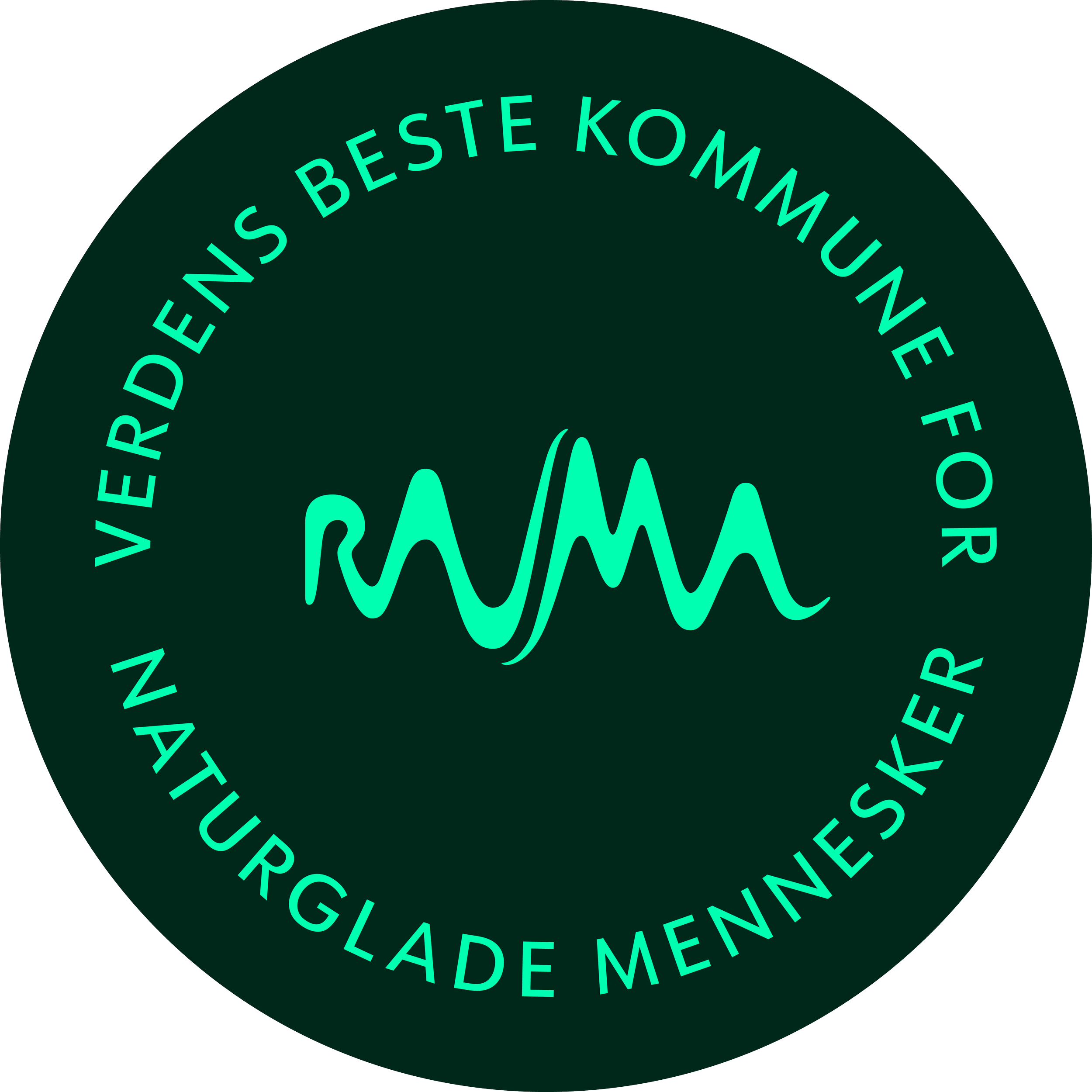 Logoen til Rauma. En rund logo med teksten "Verdens beste kommune for naturglade mennesker" og en grafisk bølgeform i midten.