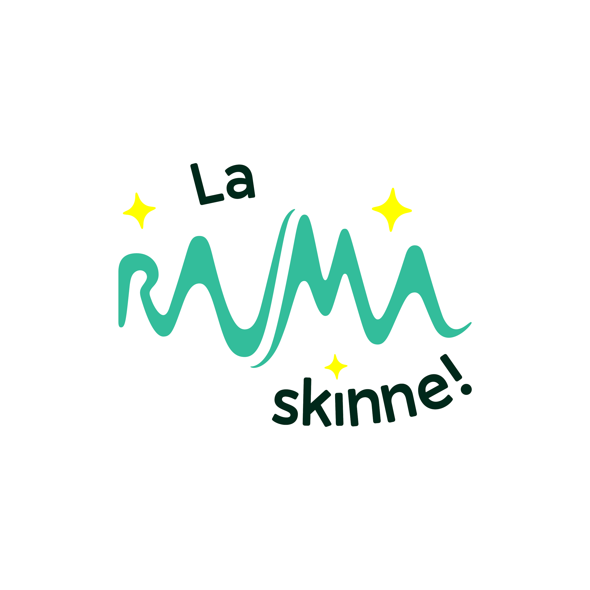 Tekstgrafikk med ordet «La Rauma skinne!» med en blå/grønn bølgete linje og små, gule stjerner rundt.