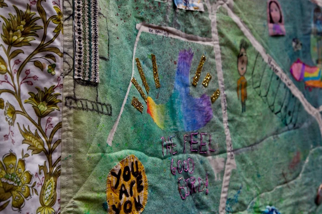 The finished textile piece on display at The Egg Theatre in Bath. The children explored the concept of home through a textile map