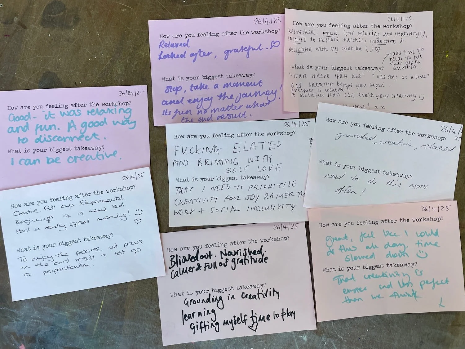 Feedback slips from a creative workshop