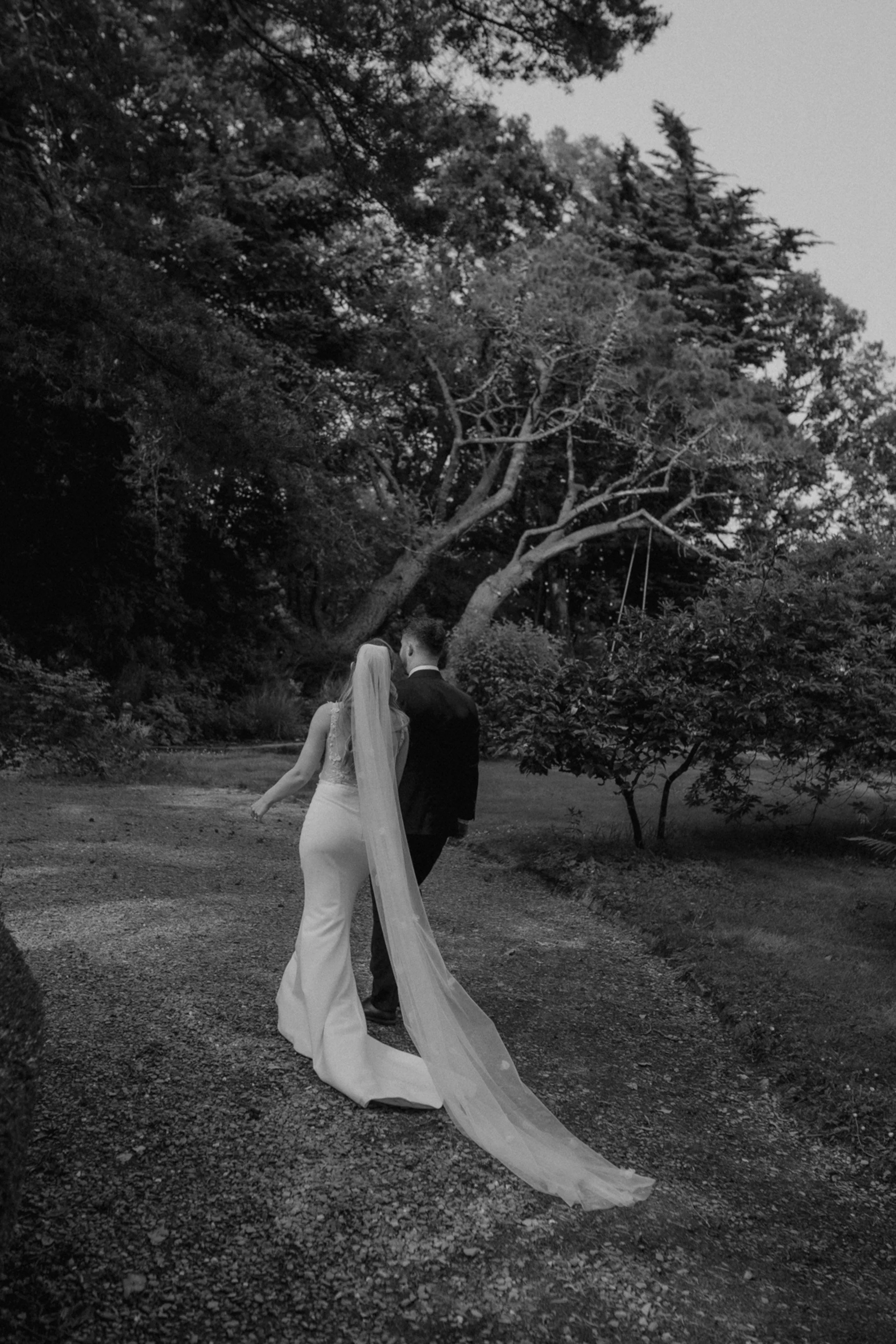 Bride and groom walking beneath trees in a black and white wedding photograph